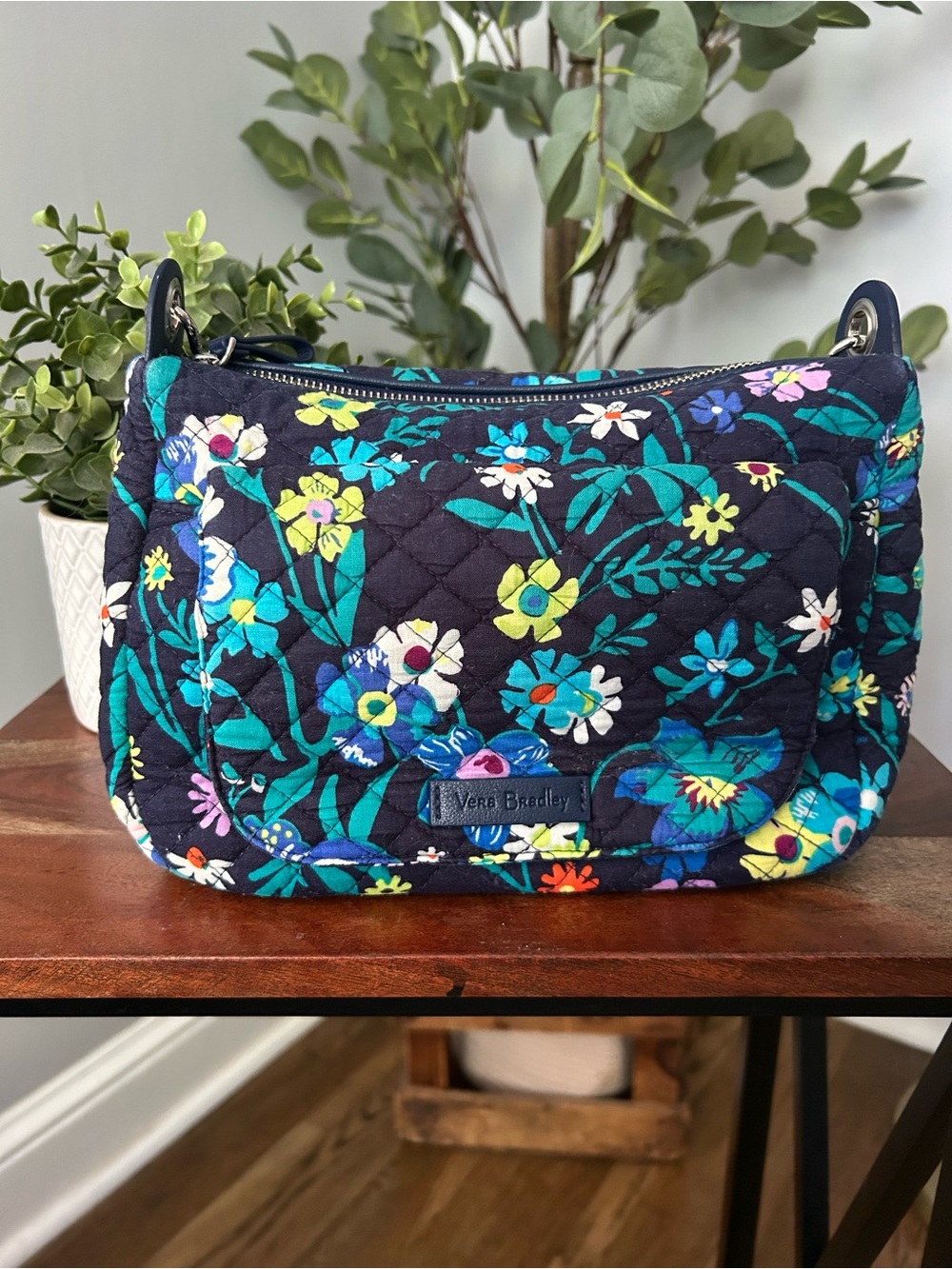 Vera Bradley Navy Floral Quilted Crossbody with Teal & Yellow Accents
